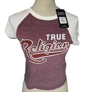 NWT True Religion Raglan Crop Tee, Red & White, size Small